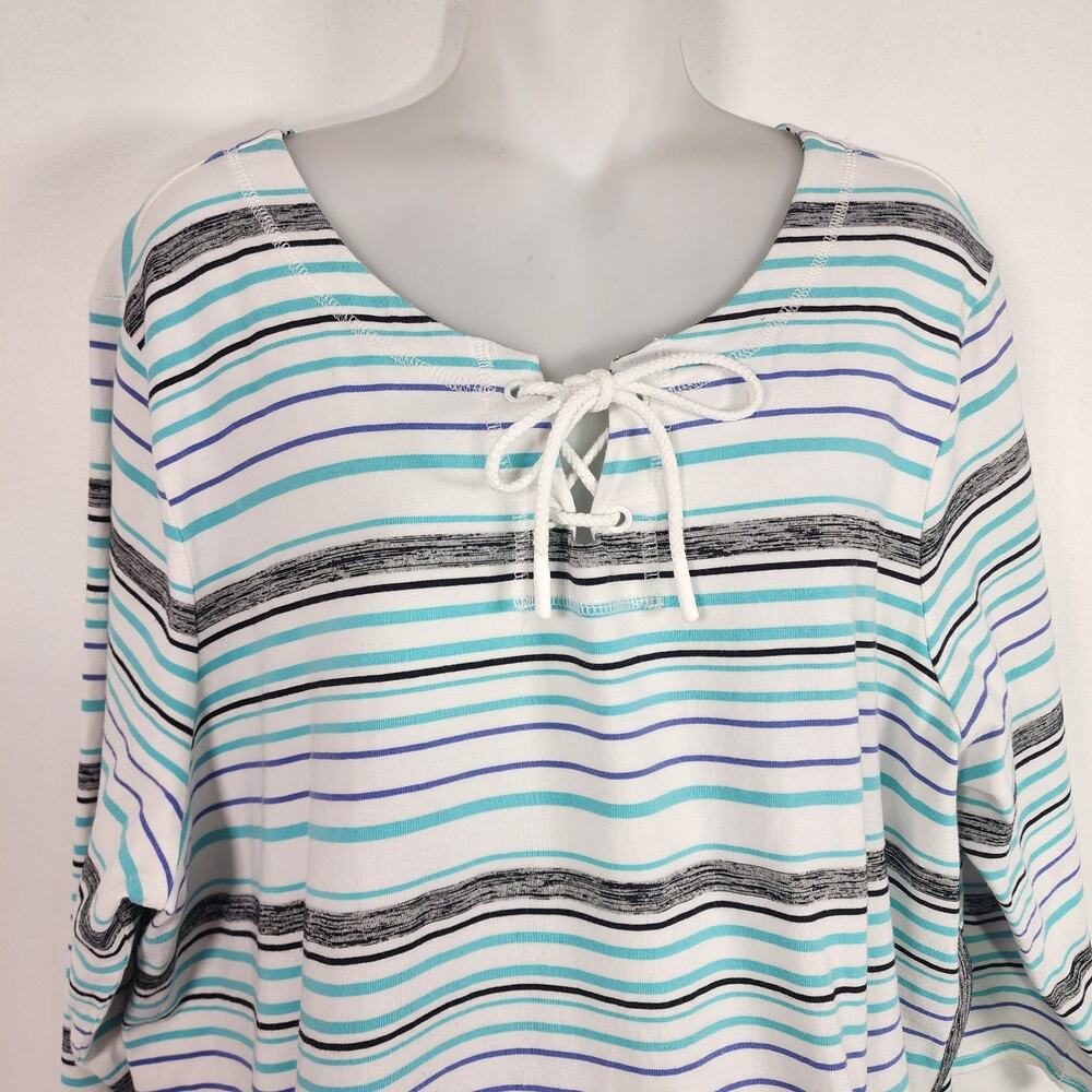 T By Talbots Womens Top Preppy Stripe Laceup Pullover 3/4 Sleeve Relax Pocket 2X - Picture 3 of 12